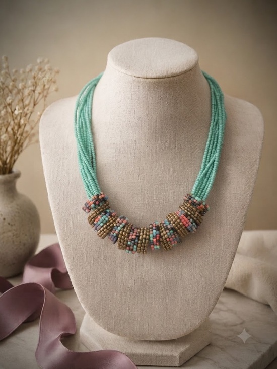 Unsigned Jewelry - Boho Statement Necklace: Turquoise Beaded Multi-Strand Mosaic Bib